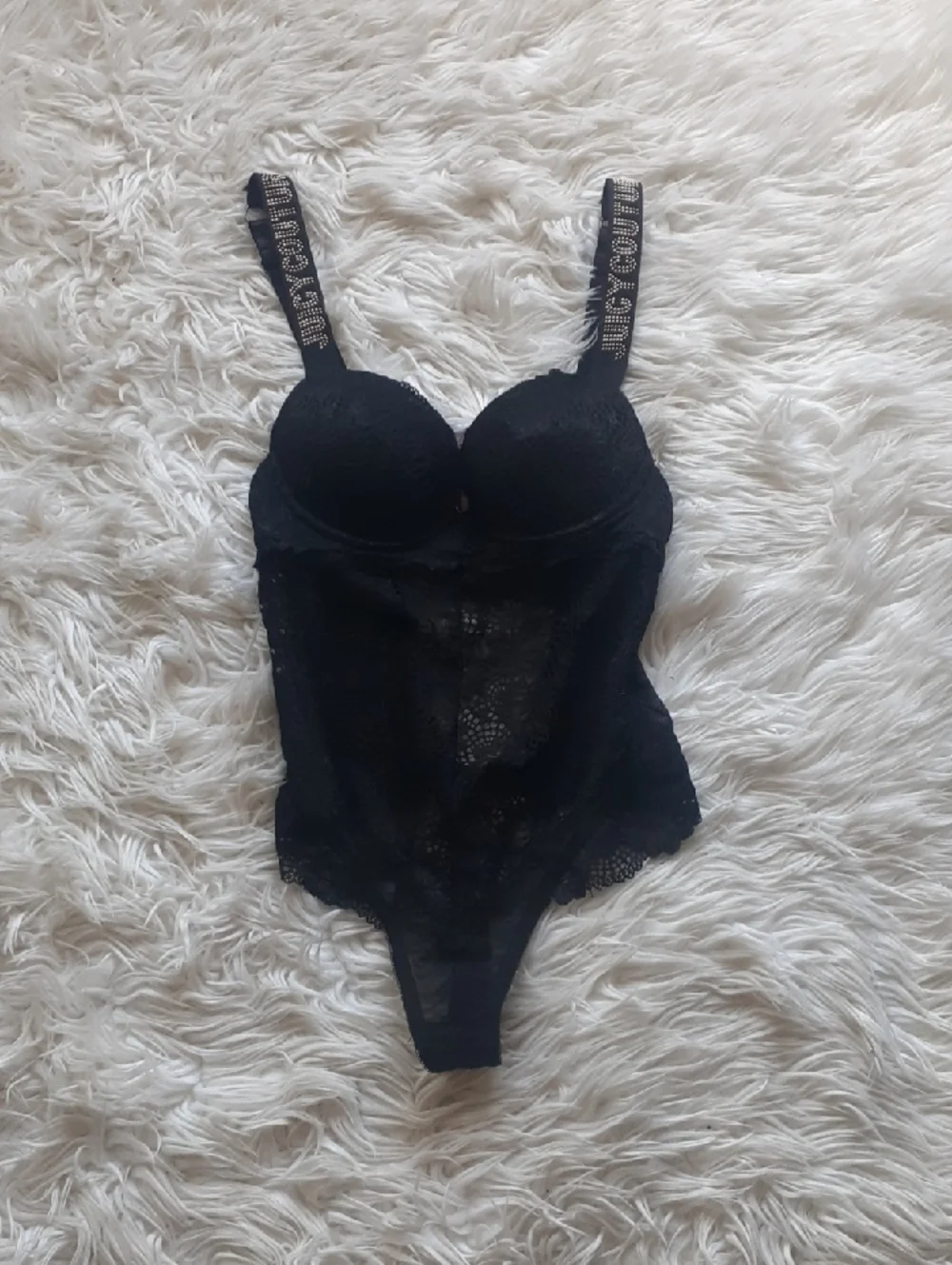 Juicy Couture Black Studded Lace Teddy Bodysuit with Branded Straps Size Small